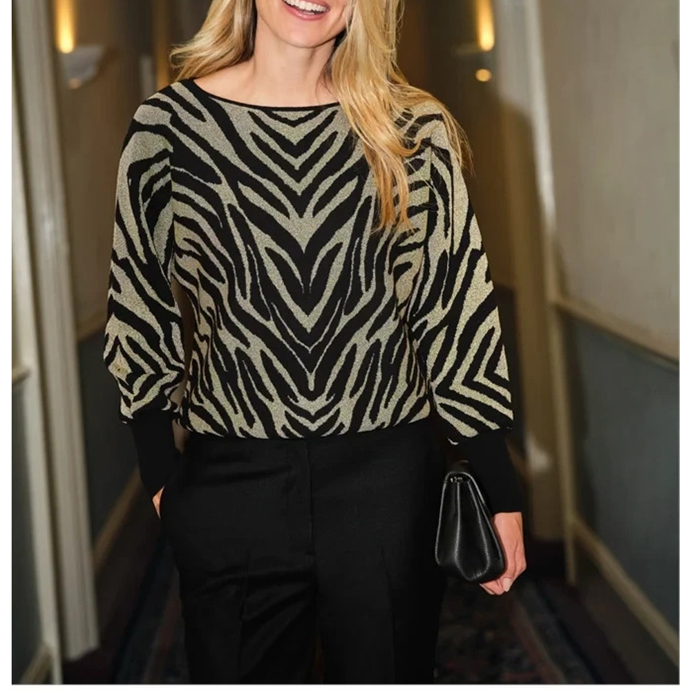 Pure Collection Wool Cotton Zebra Sparkle lagenlook boat Sweater sz 16 A005954